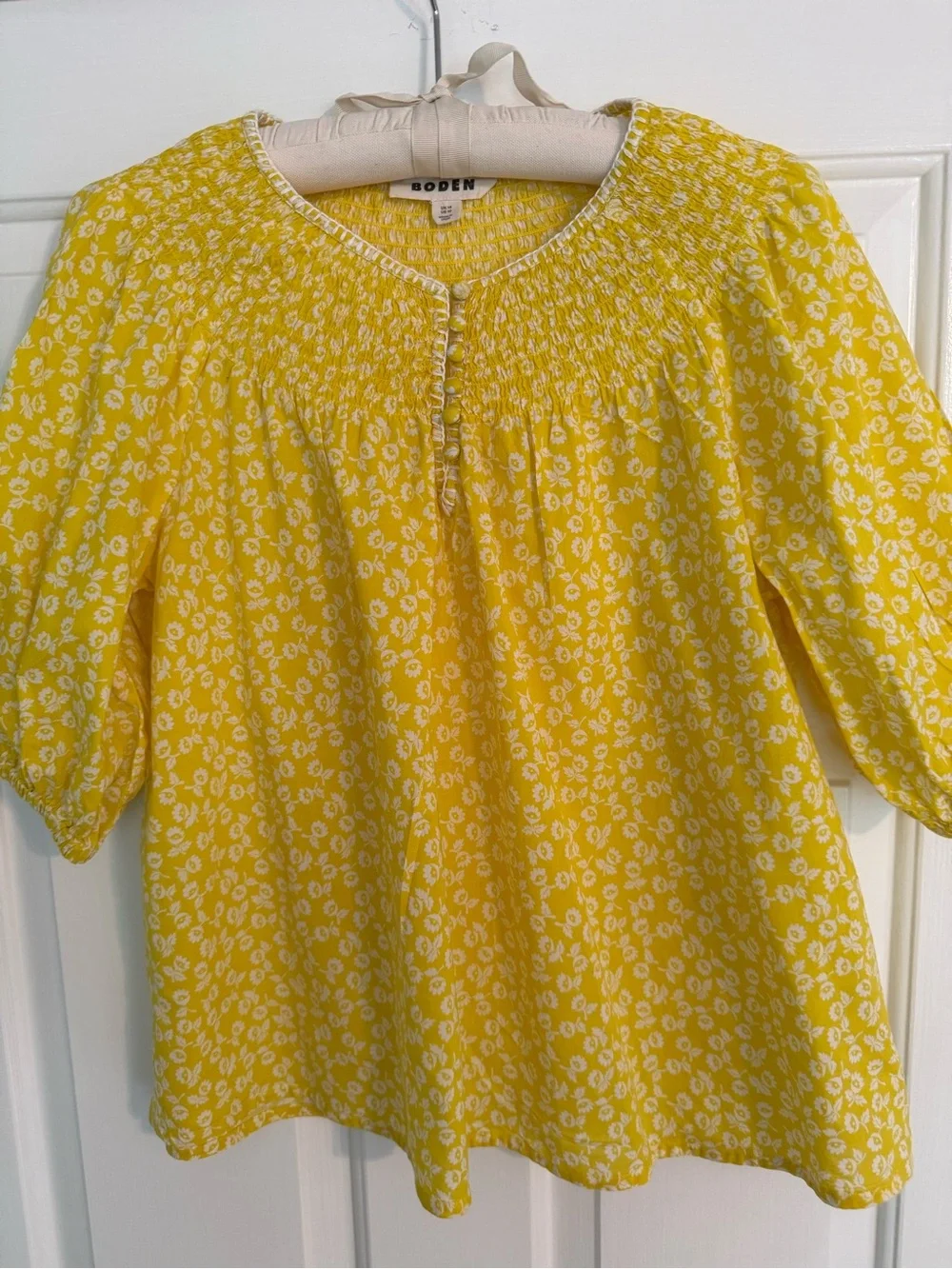 Boden Yellow Puff-Sleeve Smocked Yoke Blouse